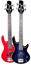 Load image into Gallery viewer, Glen Burton De Rosa USA Junior 1/2 Size Electric Bass Guitars in red and blue with P-style pickups and 24 fret rosewood fingerboards.